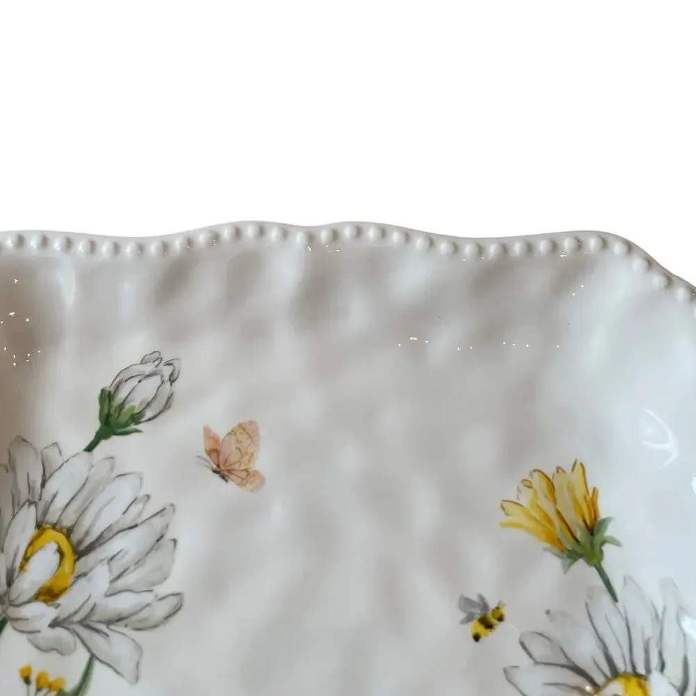 MAXCERA Spring Easter Bee Butterfly Daisy Square Dinner Plates Set of 4 New